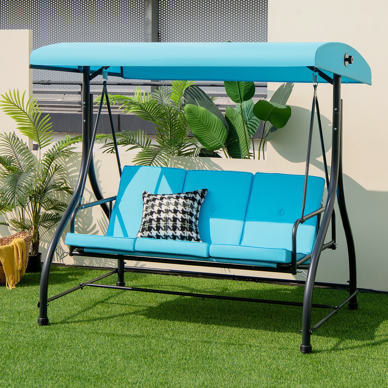 3-Person Outdoor Porch Swing with Adjustable Canopy and Converts to Bed Cushioned Patio Glider